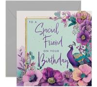 Special Friend Birthday Card, Beautiful Peacock and Floral Design, Square Card, Blank Inside with Envelope