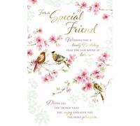 Special Friend Birthday Card - Birds on Blossom Tree with Gold Foil & Verse 9x6