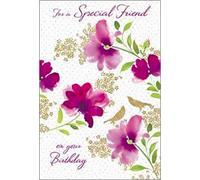 Special Friend Birthday Card - Pink Flowers with Gold Birds - Pizazz Range - Flitter Finish
