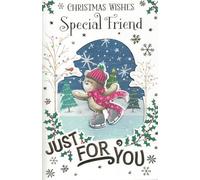 Special Friend Christmas Card - 24 x 16 cm - “Christmas Wishes Just For You” - Cute Bear Ice Skating - Luxury Foil & Embossed Finish - Single Greetings Card with Envelope - Festive Snowflakes & Holly