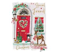 Special Friend Christmas Card - Festive Front Door and Reindeer - Contemporary Artistic Design - Special Finishes and Illustrated Insert Leaf - Made in the UK