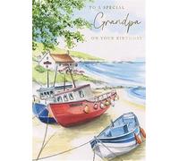 Special Grandpa Birthday Card - Moored Fishing Boats and Cove with a Foil Finish - Eco-Friendly and Recyclable - by Paper House