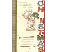 Special Grandson Christmas Card with Teddy Bear Design, Traditional Plaid Border, XL 19.5 x 30 cm, 8 Page Insert, Holiday Greeting Card
