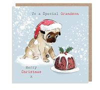 Special Grandson Dog Merry Christmas Card - Charming Pug Illustrated Design