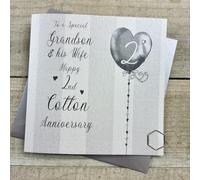 Special Grandson & his Wife Cotton 2nd Wedding Anniversary Card | Hand-decorated with glitter and gems, Stripes & Heart Balloon Design, Made in the UK