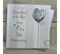 Special Grandson & his Wife Tin 10th Wedding Anniversary Card | Hand-decorated with glitter and gems, Stripes & Heart Balloon Design, Made in the UK