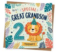 Special Great Grandson 2nd Birthday Card with Cute Lion and Tropical Leaf Design, Birthday Card for Great Grandson