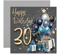 Special Male 30th Birthday Card for Men - Thirty Years Old - Blue and Gold Gifts and Balloons Artwork for Men - Stylish and Traditional Milestone Age Bday Presents - Blank Inside with Envelope
