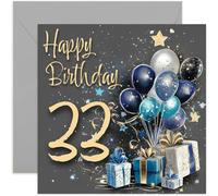 Special Male 33rd Birthday Card for Men - Thirty Three Years Old - Blue and Gold Gifts and Balloons Artwork for Men - Stylish and Traditional Milestone Age Bday Presents - Blank Inside with Envelope