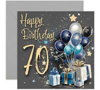 Special Male 70th Birthday Card for Men - Seventy Years Old - Blue and Gold Gifts and Balloons Artwork Seventieth Presents for Men - Stylish and Traditional Milestone Age Bday Cards