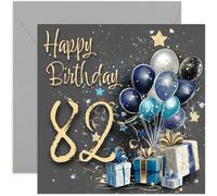 Special Male 82nd Birthday Card for Men - Eighty Two Years Old - Blue and Gold Gifts and Balloons Artwork for Men - Stylish and Traditional Milestone Age Bday Presents - Blank Inside with Envelope