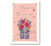 Special Mum 65th Milestone Birthday Card - Age 65 - Floral Bouquet and Gift Box Embossed with Foil Details - by ICG