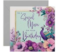 Special Mum Birthday Card, Beautiful Peacock and Floral Design, Square Card, Blank Inside with Envelope
