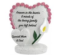 Special Mum & Dad Memorial Double Heart Ornament with Pink Rose Border & White Lily - Stone-Effect Standing Grave Ornament with Inscription - Graveside & Garden Tribute Remembrance Keepsake