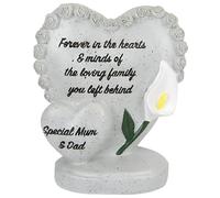 Special Mum & Dad Memorial Double Heart Ornament with Rose Border & White Lily - Stone-Effect Standing Grave Decoration with Inscription - Graveside, Cemetery & Garden Tribute Remembrance Keepsake