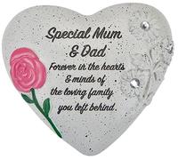 Special Mum & Dad Memorial Heart Ornament with Diamantes & Pink Rose - Stone-Effect Standing Grave Plaque Ornament with Inscription - Graveside, Cemetery & Garden Remembrance Tribute Keepsake