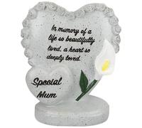 Special Mum Memorial Double Heart Ornament with Rose Border & White Lily - Stone-Effect Standing Grave Decoration with Inscription - Graveside, Cemetery & Garden Tribute Remembrance Keepsake