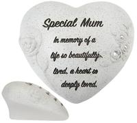 Special Mum Memorial Heart Ornament with Diamantes & Embossed Roses - Graveside Grave Decoration, Cemetery Ornament, Sympathy Gift for Mum - Funeral Remembrance Tribute Stone Effect Keepsake