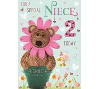 Special Niece 2nd Birthday Card - Age 2 - Barley Bear Pink Flower Embossed with a Foil Finish - by ICG