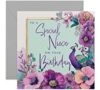 Special Niece Birthday Card, Beautiful Peacock and Floral Design, Square Card, Blank Inside with Envelope
