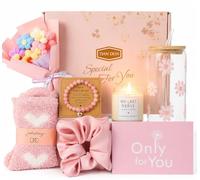 Special Occasion Pamper Gift Set for Women - Self Care Box with Glass Tumbler, Candle, Cozy Socks & Bracelet - Pink or Purple Gift Box (Pink)