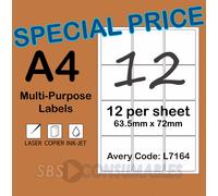 Special Price - 12 Per Sheet White Multi-Purpose Labels L7164. A4, Self-Adhesive