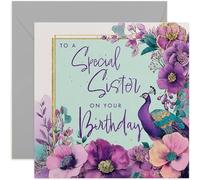Special Sister Birthday Card, Beautiful Peacock and Floral Design, Square Card, Blank Inside with Envelope