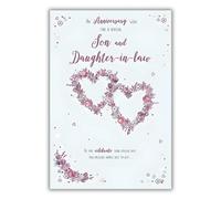 Special Son and Daughter-in-Law Anniversary Card - Floral Love Hearts Embossed with Foil Details - by ICG
