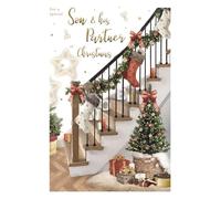 Special Son and his Partner Christmas Card - Festive Staircase and Stockings Embossed with Foil and Flitter Details - By ICG