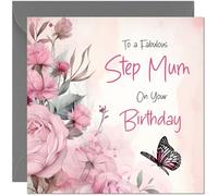 Special Step Mum Birthday Card - Beautiful Butterfly & Floral Pink Rose Birthday Cards for Step Mum