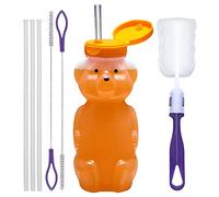 Special Supplies Honey Bear Straw Cup Long Straws, Squeezable Therapy and Special Needs Assistive Drink Container, Spill Proof and Leak Resistant Lid (Pack of 1 Bottle and 3 Straws)