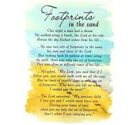 Special Thoughts Loving Memory Open Graveside Memorial Card - Footprints In The Sand, Aqua, Yellow, Grey, 6.5" x 4.75"