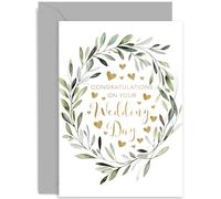Special Wedding Day Card for Couple - Olive Tree Wreath Gold Wedding Day Card for Bride and Groom - Stylish Design for Friends and Family | Blank Inside