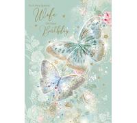 Special Wife Birthday Card, Stylish Blue and Gold butterfly design from the Gorgeous Grace Range - Gold Foil Finish with Gold Envelope