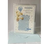 Special Wishes On The Christening Of Your Twins Twin Boys Boy Sons Christening Day Card White-Teddy Holding Blue Balloon+Rabbit/Blue Words Foil Detail(PH41079B)