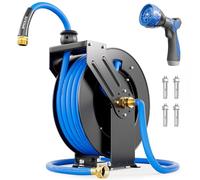 SPECILITE Retractable Hose Reel with 5/8'' Hot/Cold Garden Water Pipe 50ft, -50℉ -190℉, Heavy Duty Metal Wall Mount Spool, with 6ft Lead Hoses, Sprayer Nozzle, 3/4'' Brass Fittings for Garage, Yard