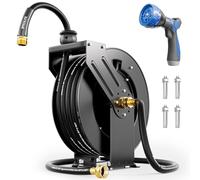 SPECILITE Retractable Hose Reel with 5/8'' Hot/Cold Garden Water Pipe 50ft, -50℉ -190℉, Heavy Duty Metal Wall Mount Spool, with 6ft Lead Hoses, Sprayer Nozzle, 3/4'' Brass Fittings for Garage, Yard