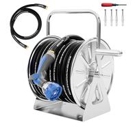 SPECILITE Stainless Steel Garden Hose Reel with 5/8" 75FT Hybrid Rubber Hose and 6FT Leader Pipe, Wall/Floor Metal Mounted Storage Spool with Crank Handle, for Outside, Yard, Patio