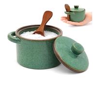 Speckled Ceramic Salt Cellar with Lid And Wooden Spoon, Sugar Bowl Pot | 7.8 Oz Rustic Salt And Pepper Containers for Countertop Sugar Bowl Farmhouse Seasoning Spice Jar for Kitchen, Dark Blue