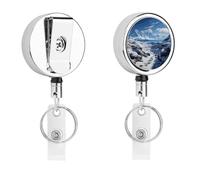 Spectacular Snowy Mountains Badge Reel Retractable Stainless Steel Badge Clip with Lanyard Cute Badges Reel Holder Heavy-Duty Nurse Doctor Name Tag Badges Clip for Work