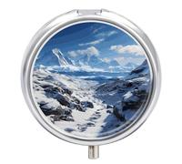 Spectacular Snowy Mountains Pill Box - 3 Compartment Travel Pill Organizer with Small Mirror, Portable Pillcase for Pocket & Purse, Cute Round Medicine Case, Weekly Medicine Container