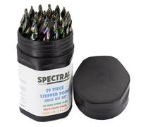 Spectral 29 Piece Step Point HSS Drill Bit Set, 1/16"- 1/2", Round Case, 135° Split Point Tip, M2 Steel, 3-Flat Shank, Multi-Color Finish