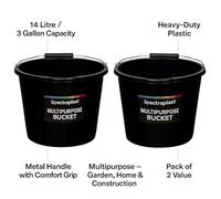 Spectraplast 2X 14L Black Builders Bucket - Heavy Duty 3 Gallon Buckets for Garden, Household & Construction | Mortar Mixing, Tool Storage, Water Carrying, Cleaning & Outdoor Jobs Metal Handle