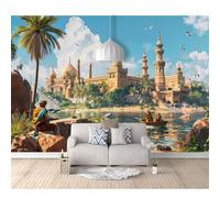 SPECUFX 3D Self-Adhesive Wallpaper Vintage Castle Palm Tree Landscape 100x70cm Living Room TV Wall Bedroom Large murals Custom 3D Self-Adhesive Wallpaper Living Room The Wall for Bedroom Mural