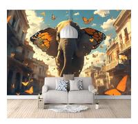 SPECUFX Custom Self-Adhesive Wallpaper 3D Mural Fantasy Elephants, Butterflies, Animals, Buildings 100x70cm Wall Wear Resistant Decoration for Study Room Living Backdrop Covering Photo