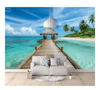 SPECUFX Self-Adhesive Wallpaper 3D Papers Scenic Beach Bridge Coconut Trees 100x70cm Home Decor Paper Mural Wallpapers for Living Room Bedroom Walls Wall Photo