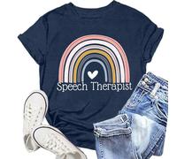 Speech Therapy Shirt for Women Speech Language Pathologist Graphic T-Shirts Rainbow Heart Autism Awareness Teacher Tee Tops, Blue, L