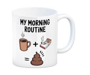 speecheese My Morning Routine Mug - Coffee + Cigarettes - Poo Unique Ceramic Coffee Cup for Caffeine Lovers