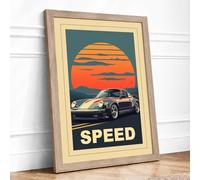Speed and Sunset Retro Framed Wall Art Print A4 (29.7×21cm) Oak, Wall Decor for Living Room, Bedroom, Office & Home, Ready to Hang, Art Gift