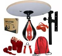 Speed Ball Platform Boxing PU Leather MMA Muay Thai Training Punching Dodge Striking Bag Kit Hanging Swivel, MMA Hand Wraps Workout Speedball Kicking Platform (Red/Black)